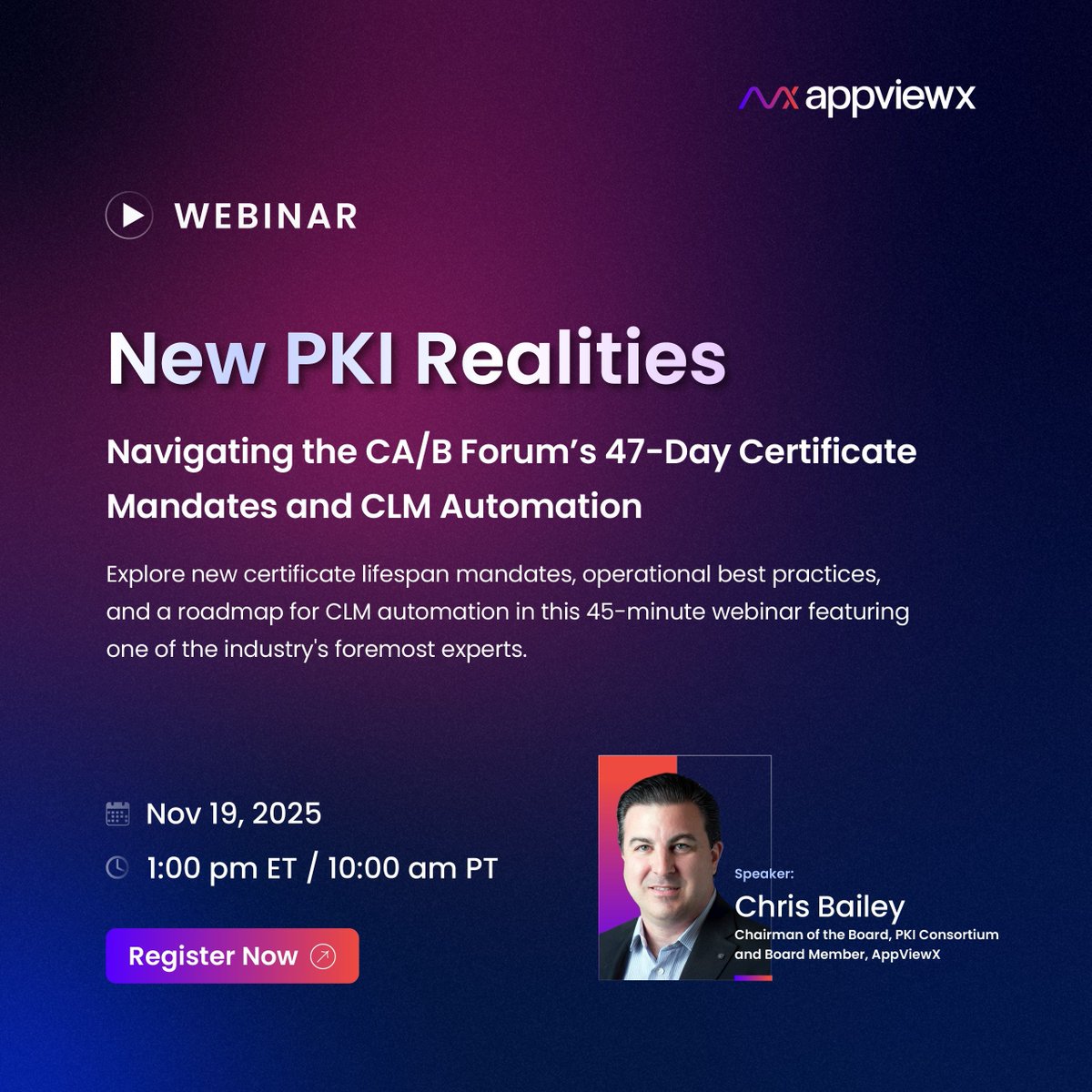 AppViewX's tweet image. The 47-day certificate validity rule is coming fast. Join experts Chris Bailey, Alex Babar &amp;amp; Nick Vannelli to learn how CLM automation can help you stay compliant &amp;amp; crypto-agile.

Register → buff.ly/IMvxgu3 

#PKI #Cybersecurity #CABrowserForum