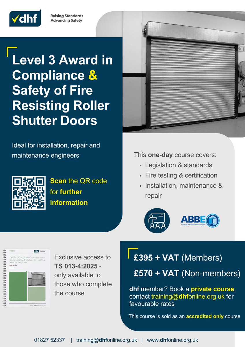 Level 3 Award in Compliance &amp; Safety of Fire Resisting Roller Shutter Doors🔥

This 1-day course provides essential knowledge on the pre-installation, installation &amp; post-installation of fire-resisting roller shutter doors.

16th December: bit.ly/4q3CUsL