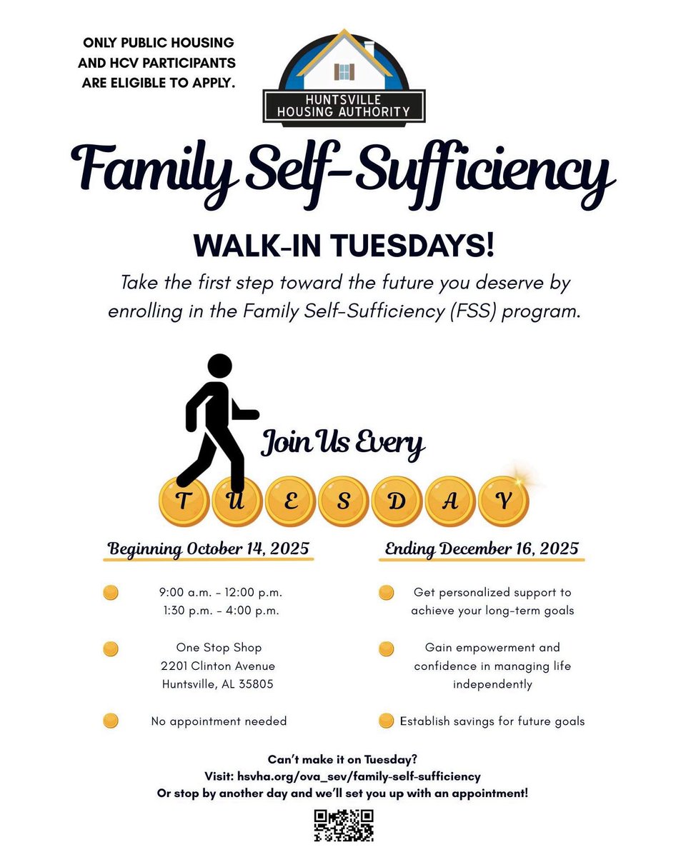 Ready to plan your future?
Join us every Tuesday (Oct. 14–Dec. 16) for Walk-In Tuesdays at 2201 Clinton Ave!
Learn how the Family Self-Sufficiency Program can help you reach your goals &amp; build savings.
No appointment needed! 💪
 #FSSProgram #Huntsville