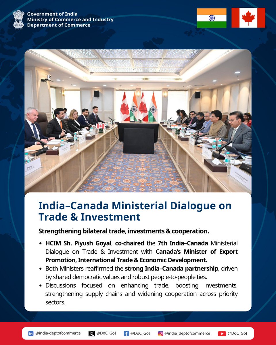 DoC_GoI's tweet photo. India–Canada Ministerial Dialogue on Trade & Investment
“Strengthening bilateral trade, investments & cooperation” 🇮🇳🇨🇦

• HCIM Shri Piyush Goyal co-chaired the 7th India–Canada Ministerial Dialogue on Trade & Investment with Canada’s Minister of Export Promotion, International Trade & Economic Development, Mr. Maninder Sidhu.
• Both Ministers reaffirmed the strong India–Canada partnership, rooted in shared democratic values and robust people-to-people ties.
• Discussions focused on enhancing trade, boosting investments, strengthening supply chains, and expanding cooperation across priority sectors.

Learn More: https://t.co/BUUEC171du 

#DoC_GoI @PiyushGoyal @IndiainCanada  @RajeshAgrawal94 @Pib_India