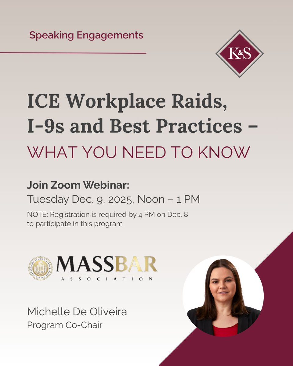 Kenney &amp; Sams PLLC is proud to participate in this upcoming CLE program hosted by the Massachusetts Bar Association!
 
Join Michelle M. De Oliveira, Esq., Program Co-Chair and Director at K&amp;S
 
buff.ly/1LKRHNB
 
#MassBar #CLE #EmploymentLaw #ImmigrationLaw