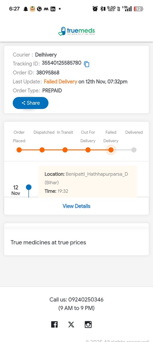 Order id 35540125585780 
The delivery agent is repeatedly failing the order and is not delivering it. Please help.
<a href="/help_delhivery/">helpdesk_delhivery</a> <a href="/delhivery/">Delhivery</a> 
<a href="/Truemedsindia/">Truemeds</a>