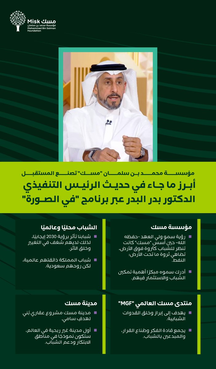 برؤية تُؤمن بالشباب وتستثمر في طاقاتهم، تواصل مؤسسة محمد بن سلمان "مسك" صناعة الأثر!

مقتطفات من لقاء الرئيس التنفيذي لـ #مؤسسة_مسك د. بدر البدر (<a href="/balbadr/">Badr AlBadr بدر البدر</a>)، عبر برنامج "في الصورة".