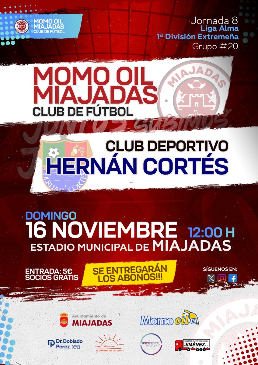 ⚽🔥 JORNADA 8 🔥⚽

📅 Domingo 16 de Noviembre
🆚 <a href="/CDHERNAN_CORTES/">CD HERNAN CORTES</a> 
🏟️ Estadio Municipal de Miajadas
🕛 12:00 h
🎟️ Socios gratis / No socios 5€
⚠️ Se seguirán repartiendo los abonos pendientes
