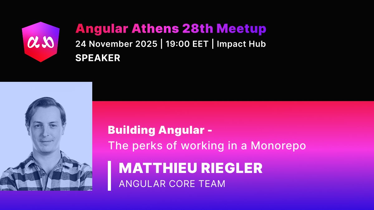 AthensAngular's tweet image. Thrilled to have Matthieu Riegler from the @angular Core Team speaking at our 28th Angular Athens meetup!

Get a behind-the-scenes look at how the Angular team builds the framework!
📅 Nov 24, 7 PM 
📍 Impact Hub Athens 
🔗 RSVP:  meetup.com/angular-athens…

#angularathens #meetup