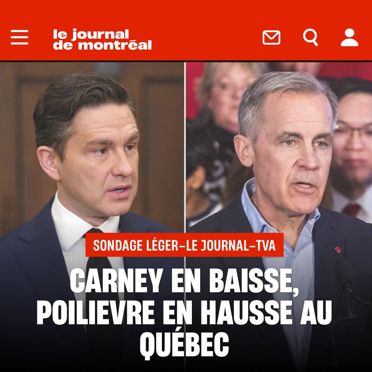 Vince_Desmarais's tweet image. Carney en baisse, Poilievre en hausse au Québec.

Le Parti conservateur de @PierrePoilievre est toujours le premier parti chez les jeunes Québécois. Toujours en tête dans la grande région de Québec.

tinyurl.com/3cetk3vd