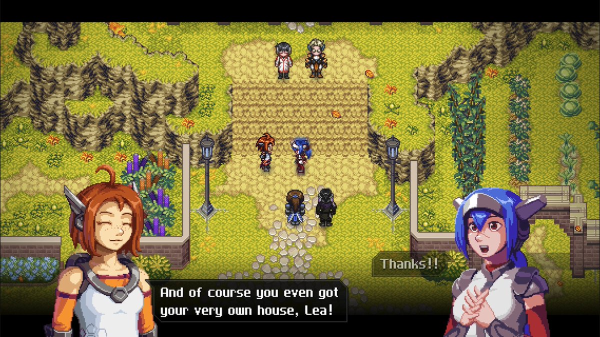 XMemor's tweet image. Emilie showing her girlfriend the romantic places of Lea&apos;s new house because you can&apos;t ignore that look she has when she points out the chimney and thus the fireplace

#CrossCode | #MemorXCrossCode