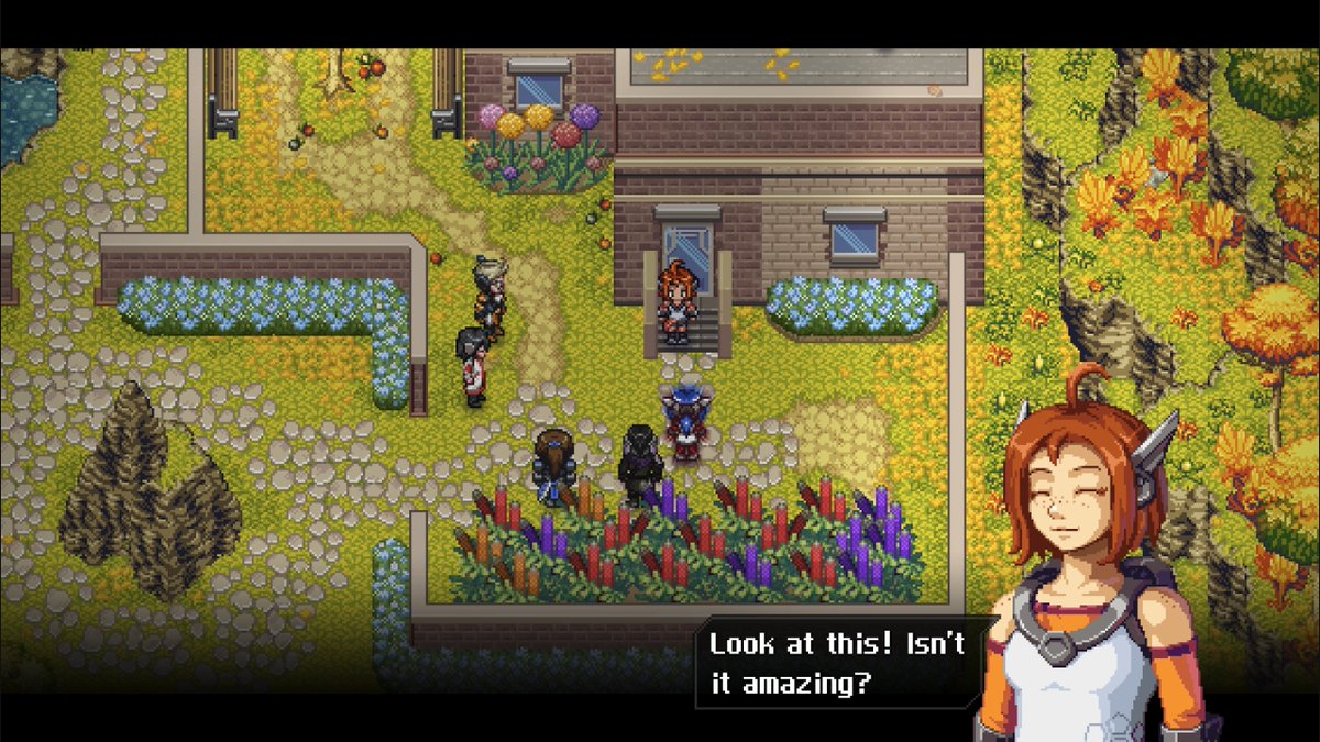 XMemor's tweet image. Emilie showing her girlfriend the romantic places of Lea&apos;s new house because you can&apos;t ignore that look she has when she points out the chimney and thus the fireplace

#CrossCode | #MemorXCrossCode