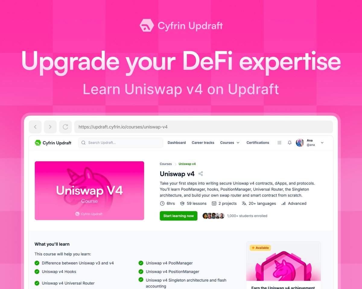 CyfrinUpdraft's tweet image. Take your DeFi developer skills to the next level 🎉

Master @Uniswap v4 on Updraft with @ProgrammerSmart as your guide and instructor.

In 6 hours, you’ll learn:

- PoolManager
- Hooks
- PositionManager
- Universal Router

And, everything you need to build, including 👇