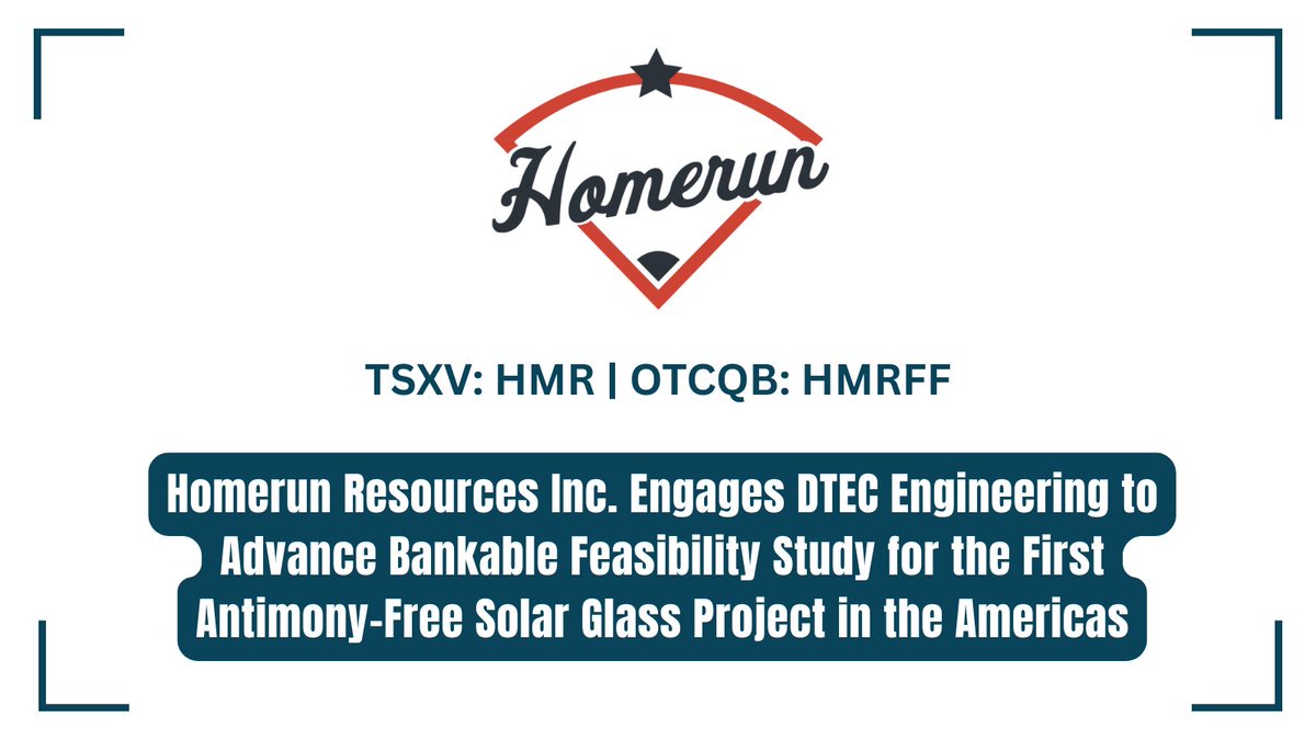 Homerun Resources Inc. Engages DTEC Engineering to Advance Bankable Feasibility Study for the First Antimony-Free Solar Glass Project in the Americas bit.ly/47GbGRL 

#Silica #Silicon #CriticalMinerals #SolarGlass <a href="/HomerunRes/">Homerun Resources | HMR.V</a> $HMR.V $HMRFF
