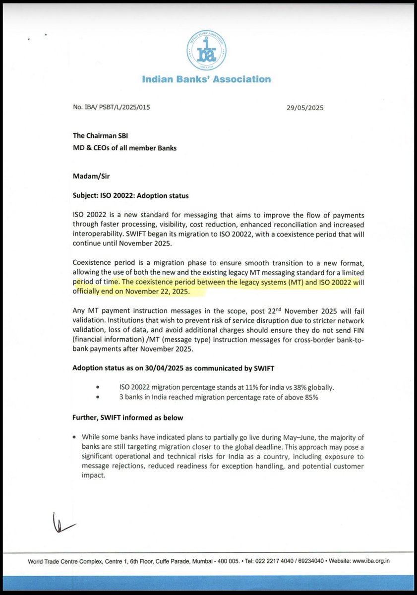 ‼️INDIAN BANKS ASSOCIATION: “THE COEXISTENCE PERIOD BETWEEN LEGACY SYSTEMS AND ISO 20022 WILL OFFICIALLY END ON NOVEMBER 22 2025”‼️

Documented.📝💨