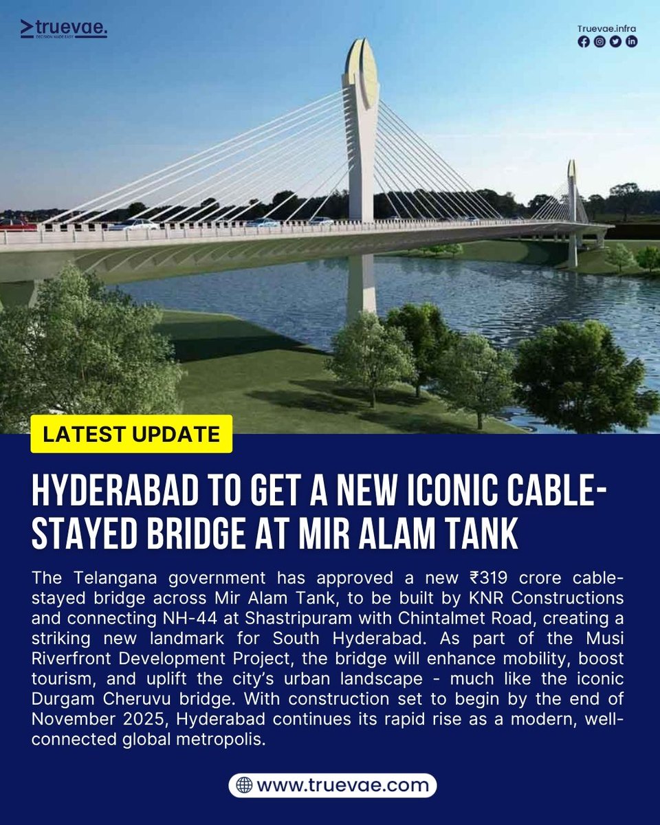 truevae_infra's tweet photo. The Telangana government has approved the construction of a stunning new cable-stayed bridge across Mir Alam Tank, to be built by KNR Constructions at a cost of ₹319 crore.
#cablestayedbridge #miralamtank #hyderabad #landmark #southhyderabad #latestupdate #truevae #telangana https://t.co/3DAaJnjpFH
