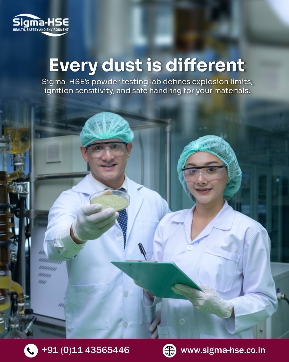 IndiaHse's tweet image. Every dust is different. Sigma-HSE’s powder testing lab defines explosion limits, ignition sensitivity, and safe handling for your materials.
 
📲 Call us: +91 (0)11 43565446
 🌐 Visit: sigma-hse.co.in
 
#PowderTesting #ExplosionPrevention #SigmaHSEIndia #ProcessSafety