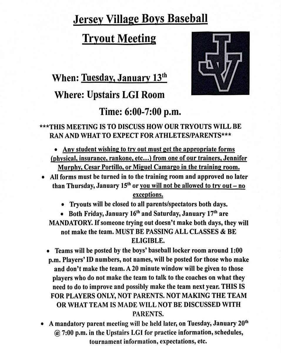 Informational Meeting on Baseball Tryouts coming up on Tuesday, January 13th at 6:00pm in the Upstairs LGI. 

<a href="/JerseyVillageHS/">Jersey Village HS</a> <a href="/jvfalconsath/">Jersey Village Athletics</a> <a href="/CoachVasquez12/">Eric Vasquez</a>
