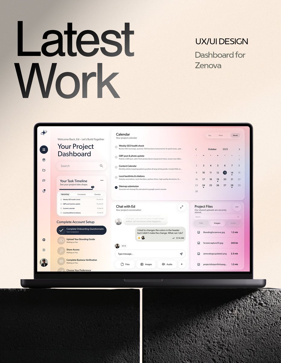 LERWS_'s tweet photo. Client management dashboard for Zenova: tasks, calendar, chat, files—one focused UI.
Clean UX → faster approvals.

 https://t.co/VKyBLy7jD9 • info@lerws.com

#uiux #saas #dashboarddesign #clientportal https://t.co/O00RVvzi7R