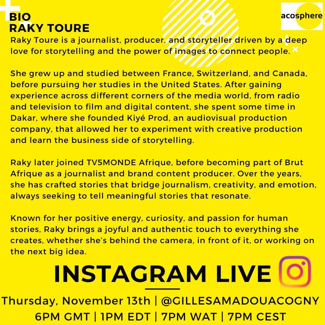 Acosphere's tweet photo. Today, Thursday 13th of November, 2025 at 6pm GMT, we will be welcoming, a very talented multi-faceted young lady for a conversation between Gilles Amadou ACOGNY and Raky TOURÉ that will be simply amazing!!!
Please join Gilles Amadou ACOGNY &amp; Raky TOURÉ on IG @gillesamadouacogny https://t.co/hGPqWLfMTr