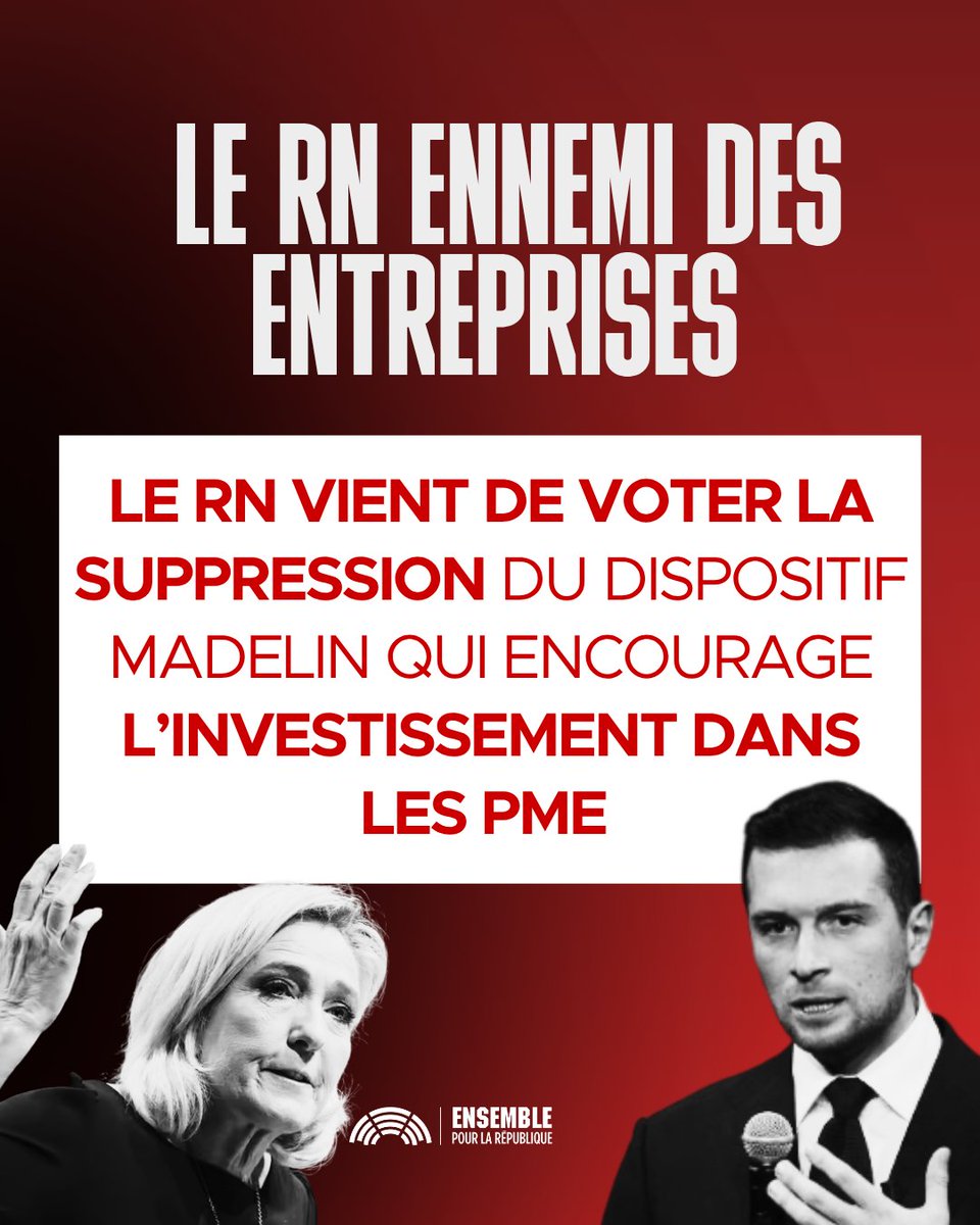 MarieLebec78's tweet image. Aider nos PME à innover et se développer ?

C&apos;est NON pour le RN qui vient de voter la suppression du dispositif Madelin.

Ce mécanisme permettait aux particuliers d&apos;investir dans nos startups et TPE.

Encore un coup dur pour notre économie.