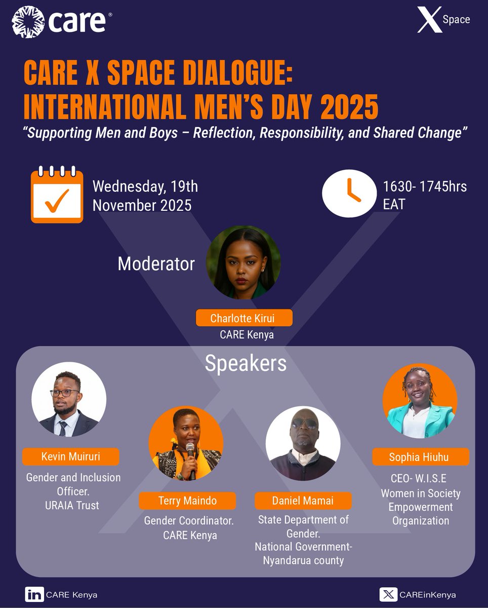CAREinKenya's tweet image. What does real support for men &amp;amp; boys look like beyond one-day recognition?
Join our #CAREKenya X Space Dialogue on Nov 19 (4:30–5:45PM EAT) as we reflect with @URAIAtrust, @WISEOrgKenya, govt &amp;amp; CSOs on “Supporting Men &amp;amp; Boys; Reflection, Responsibility &amp;amp; Shared Change.”…