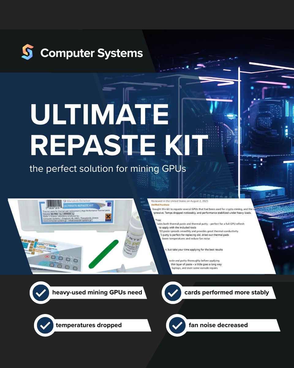 cslabs's tweet image. Ultimate Repaste Kit for mining GPUs – 5-star Amazon USA review says it all: complete kit, easy to use, premium materials, lower temps, quieter fans, stable performance.
#UltimateRepasteKit #Mining #GPU #Cooling