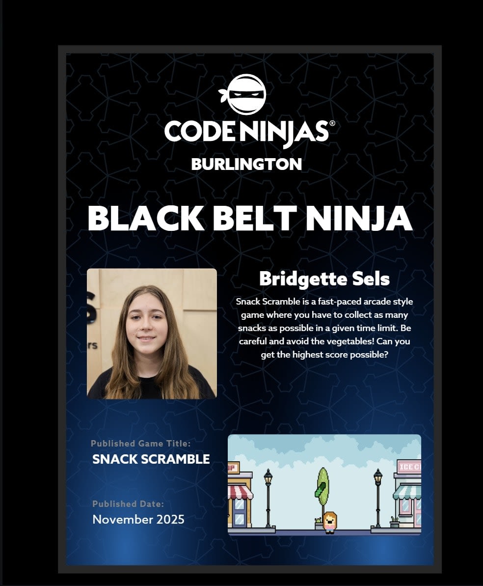 CodeNinjasBurl's tweet image. ⛩️  BLACK BELT ALERT ⛩️ 

We are proud to present our latest Black Belt, Bridgette.  
Congratulations on all your hard work in reaching this incredible milestone in your young STEM career!  

#futureleader
#GirlsWhoCode #STEMGirls
#WomenInTech #TechEducation #21stCenturySkills