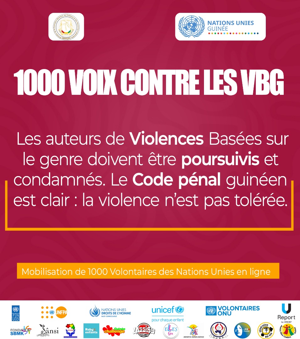 Les violences basées sur le genre ne sont pas tolérées.
Le code pénal guinéen est clair : les auteurs doivent être poursuivis et condamnés.
#StopVBG #Justice #DroitsHumains

<a href="/OnuGuinee/">NATIONS UNIES GUINEE</a> <a href="/UNICEFGuinea/">UNICEF Guinea</a> <a href="/unfpa_guinee/">UNFPA GUINEE</a> <a href="/pvnuguinee/">VNU Guinée</a> <a href="/Onudhguinee/">ONU Droits de l'homme Guinée</a> <a href="/PNUDGuinee/">PNUD Guinée</a>