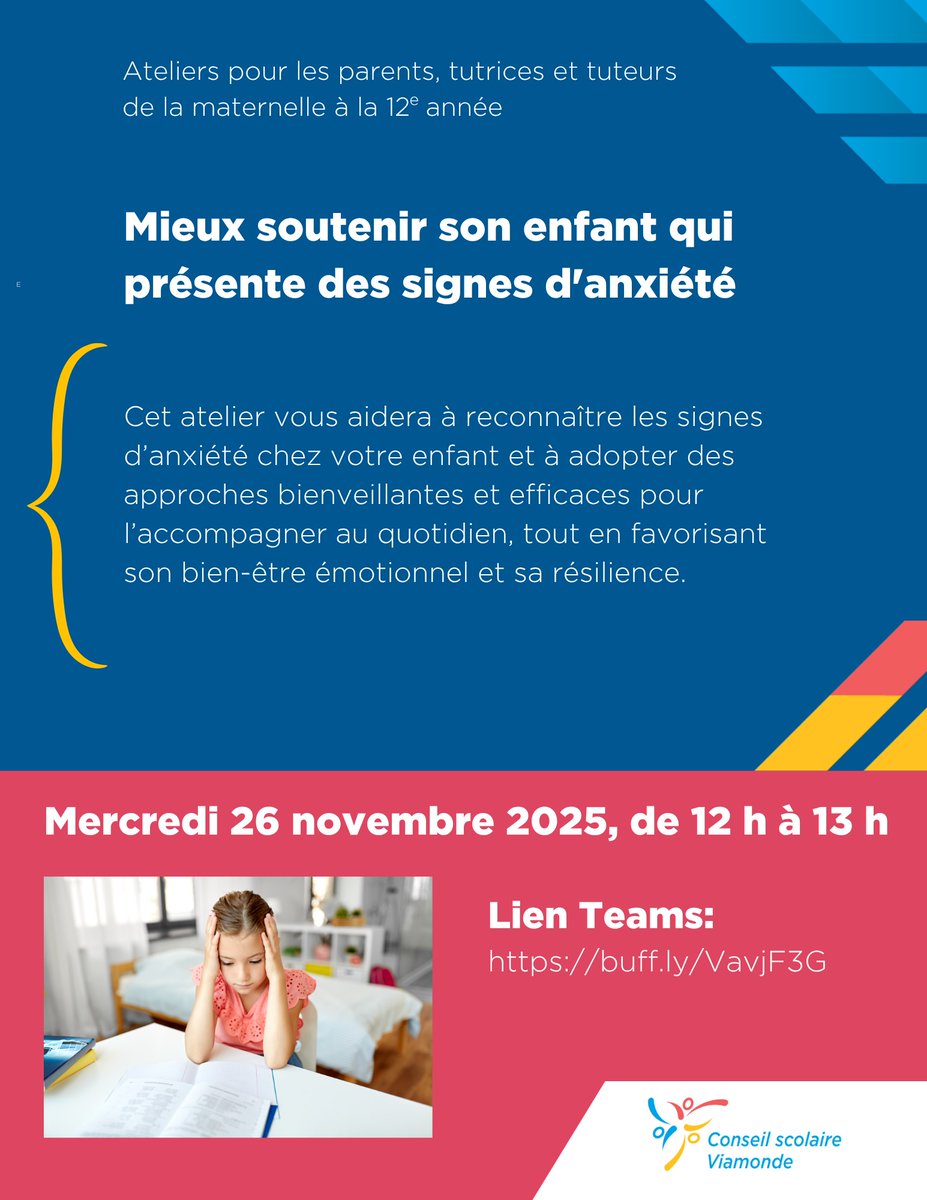 Nous avons le plaisir d’annoncer la tenue du prochain atelier destiné aux parents le mercredi 26 novembre de 12h à 13h. Organisée par les services du secteur de l’éducation, portera sur le thème « Mieux soutenir son enfant qui présente des signes d’anxiété - M à 12e ».