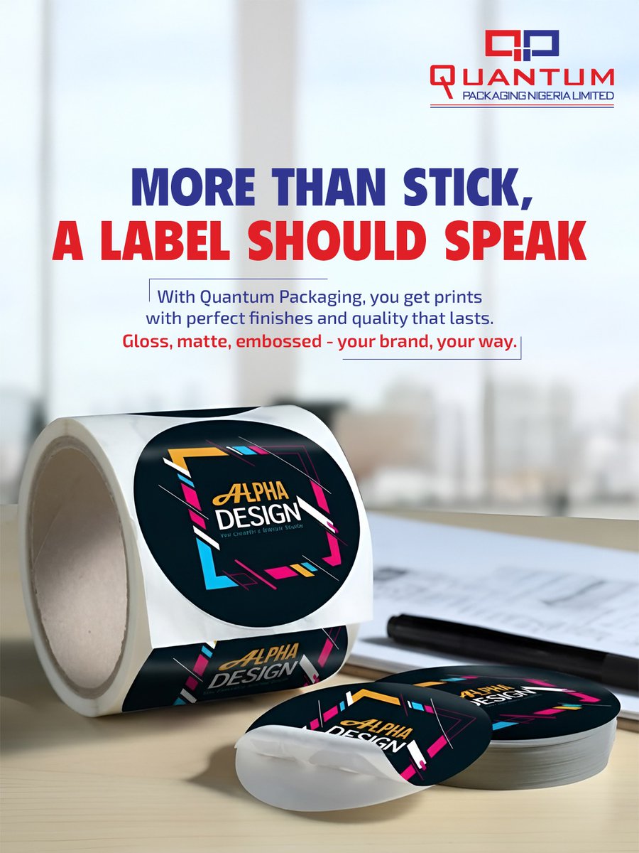 QuantumGroupNig's tweet image. Our label solutions bring your brand to life with clarity and precision.

Gloss, matte, or embossed, whatever finish fits your look. With advanced machinery and precise printing, our labels don’t just stick, they impress.

#QuantumLabels #LabelDesign #PackagingSolutions