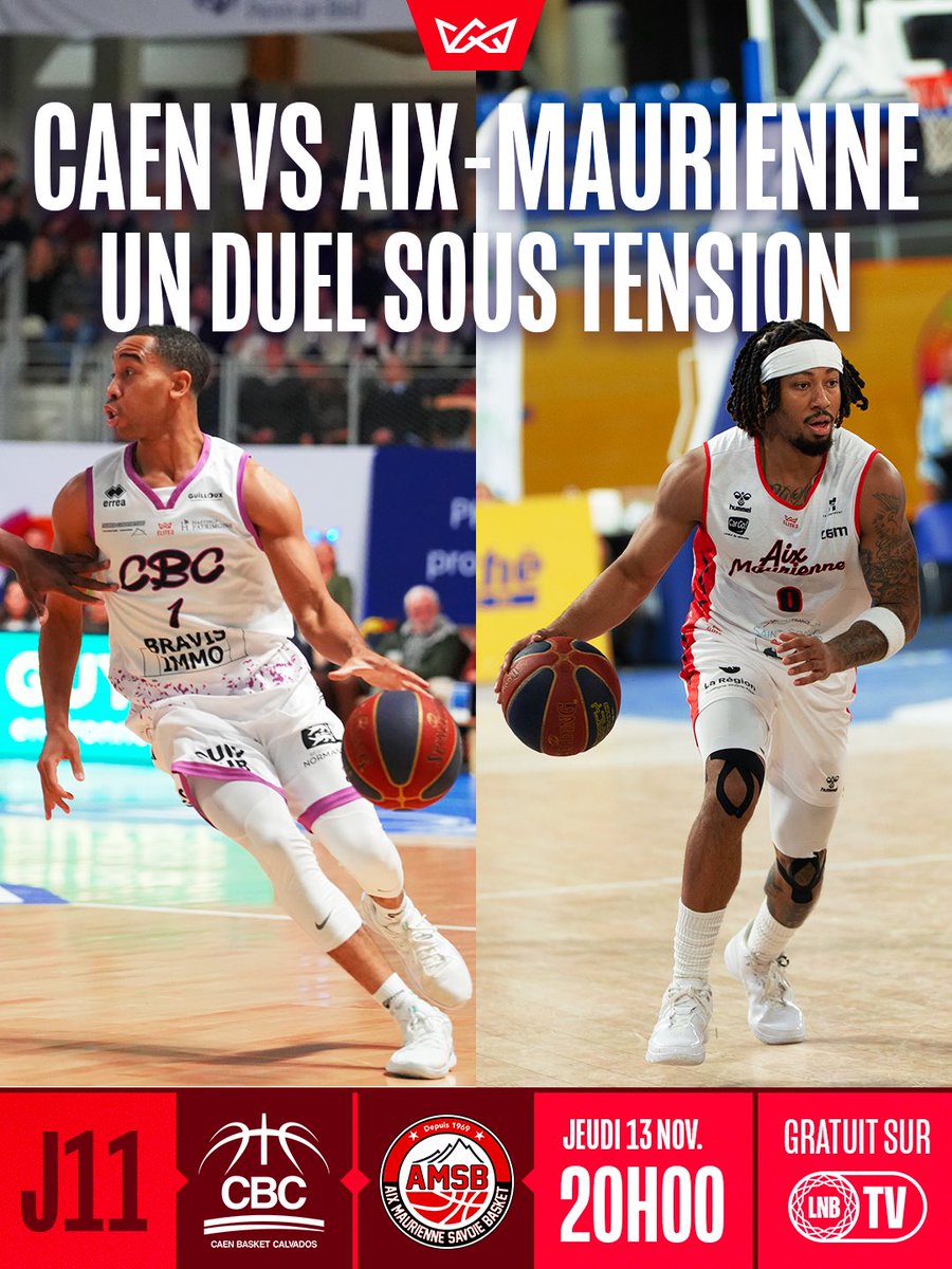 🚨 Coup d’envoi de la J11 ce jeudi soir !
Deux équipes prêtes à tout pour grimper au classement : <a href="/CaenBC14/">Caen Basket Calvados</a> 🆚 <a href="/amsbofficiel/">Aix Maurienne Savoie Basket</a> 
📺 A suivre gratuitement sur LNB TV !

#Elite2 #Basketball