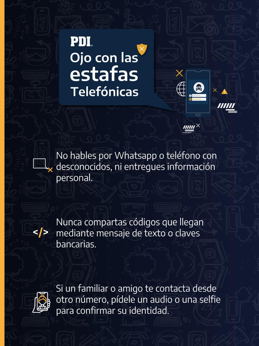 📱🚔 ¡Ojo! Te quieren estafar
Si recibes un llamado sospechoso, sigue estas recomendaciones de la PDI 👇