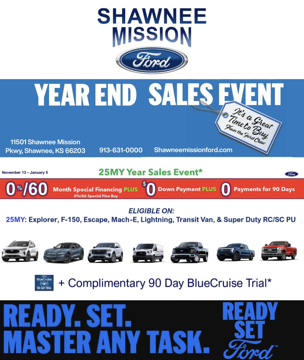 The Ford Year-End Sales Event is ON! 

Get 0% APR for 60 mo. + No Payments for 90 Days on select 2025 models!
Ends Jan. 5! 

#Ford #YearEndSalesEvent #ShawneeMissionFord