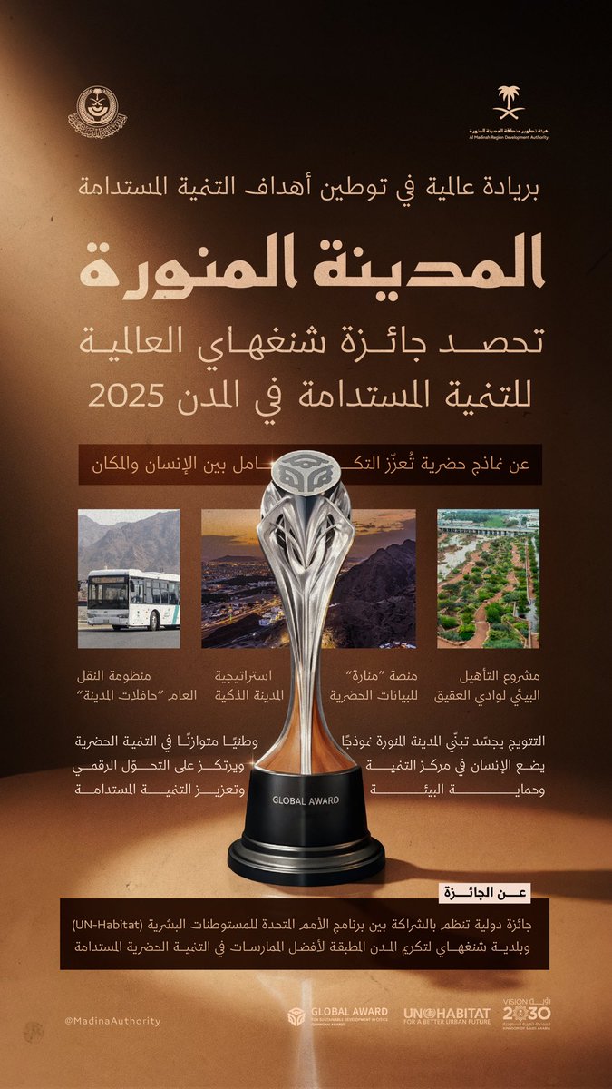 بفضل الله ثم #رؤية_السعودية_2030 🇸🇦

فخورون بتحقيق #المدينة_المنورة جائزة شنغهاي العالمية للتنمية المستدامة 2025، #روح_المدينة تحتفي بالإنسان، وتتميّز في خدمة ضيوف الرحمن.

أهلًا بكم في مدينة الرسول ﷺ، نسعد بزيارتكم 🕌

#مكة_والمدينة_في_انتظاركم_بشوق