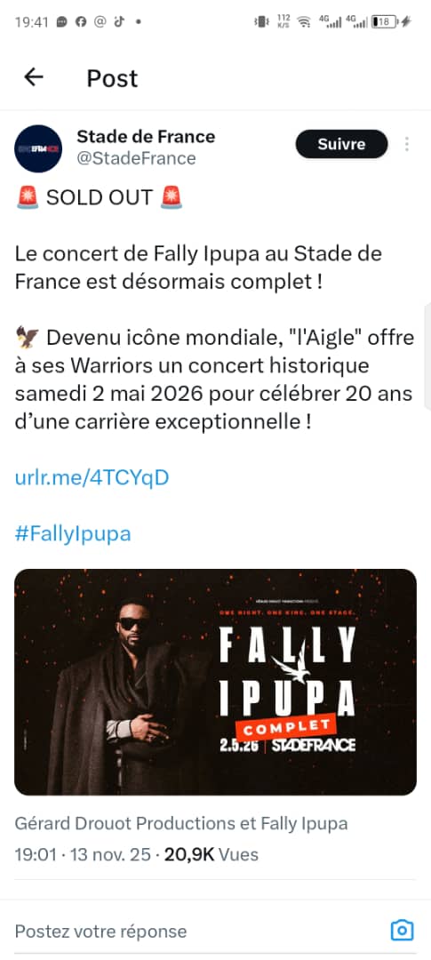 #RDC <a href="/StadeFrance/">Stade de France</a> via con compte X, confirme le sold out de <a href="/fallyipupa01/">Fally Ipupa</a> 
Tembe esili-
Vamos @Daav2fficiel
