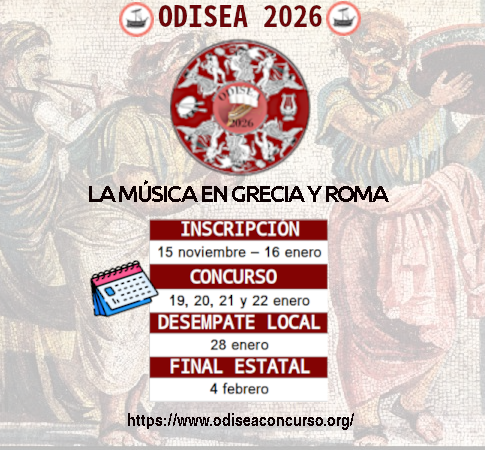 ¡RECORDATORIO, porque empieza ya mismo!
ODISEA 2026, La música en Grecia y Roma.
Inscripción: desde el 15 de noviembre de 2025 al 16 de enero de 2026.
Toda la información: odiseaconcurso.org