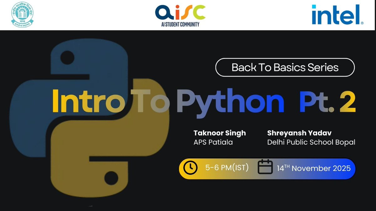 aisc_cbse's tweet photo. 🔥 Join AISC on this session, where we'll explore the fundamentals of Python from the base, continuing where we left off!

⏱️ Timings:  5 - 6 PM, Friday, 21st November

📍Drop your E-mail in the comment section to get the link!

#AI #Education #Python #artificial_intelligence https://t.co/HvcaxDFTt2