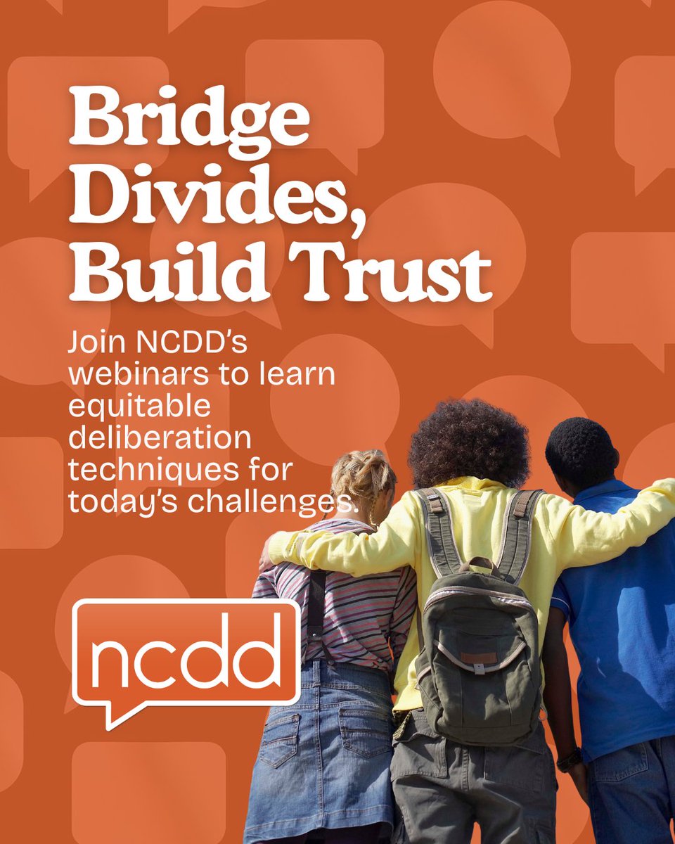 ncdd's tweet image. Bridge Divides, Build Trust: Join NCDD’s webinars to learn equitable deliberation techniques for today’s challenges.
Register at ncdd.org/events.html #InclusiveDialogue #CommunityTrust