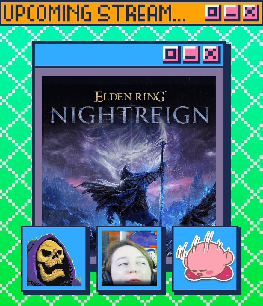 kevinscully's tweet image. The DLC trailer awakened the urge for Reigning, so tonight @Rosie_Caddick and @KirbyRawstorne join me for a few runs at it!

THURSDAY 20:00 GMT

twitch.tv/kevinscully

#EldenRingNightreign
