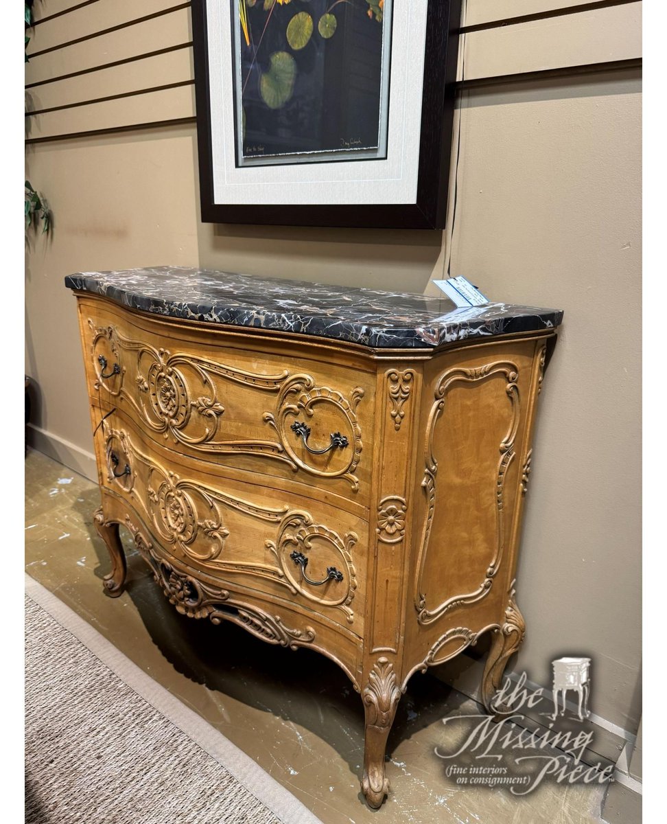J.B. Van Sciver ornate carved wood chest with dark stone top. There are two drawers. Could be used in any room. Measures 40"long x 16"deep x 31"high. 
Click here for pricing and availability ➡ buff.ly/WfXWqte