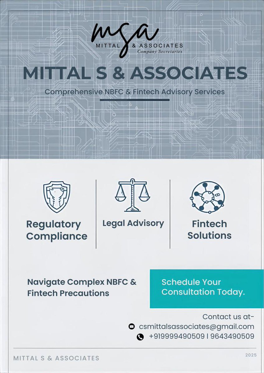 msa_consultancy's tweet image. 🚀 Empowering the Future of NBFCs &amp;amp; Fintech in India 💼

At Mittal S &amp;amp; Associates, we don’t just advise — we enable your business to stay ahead of compliance, legal, and fintech challenges.

#msa #fintech #nbfc #rbi #digitalindia