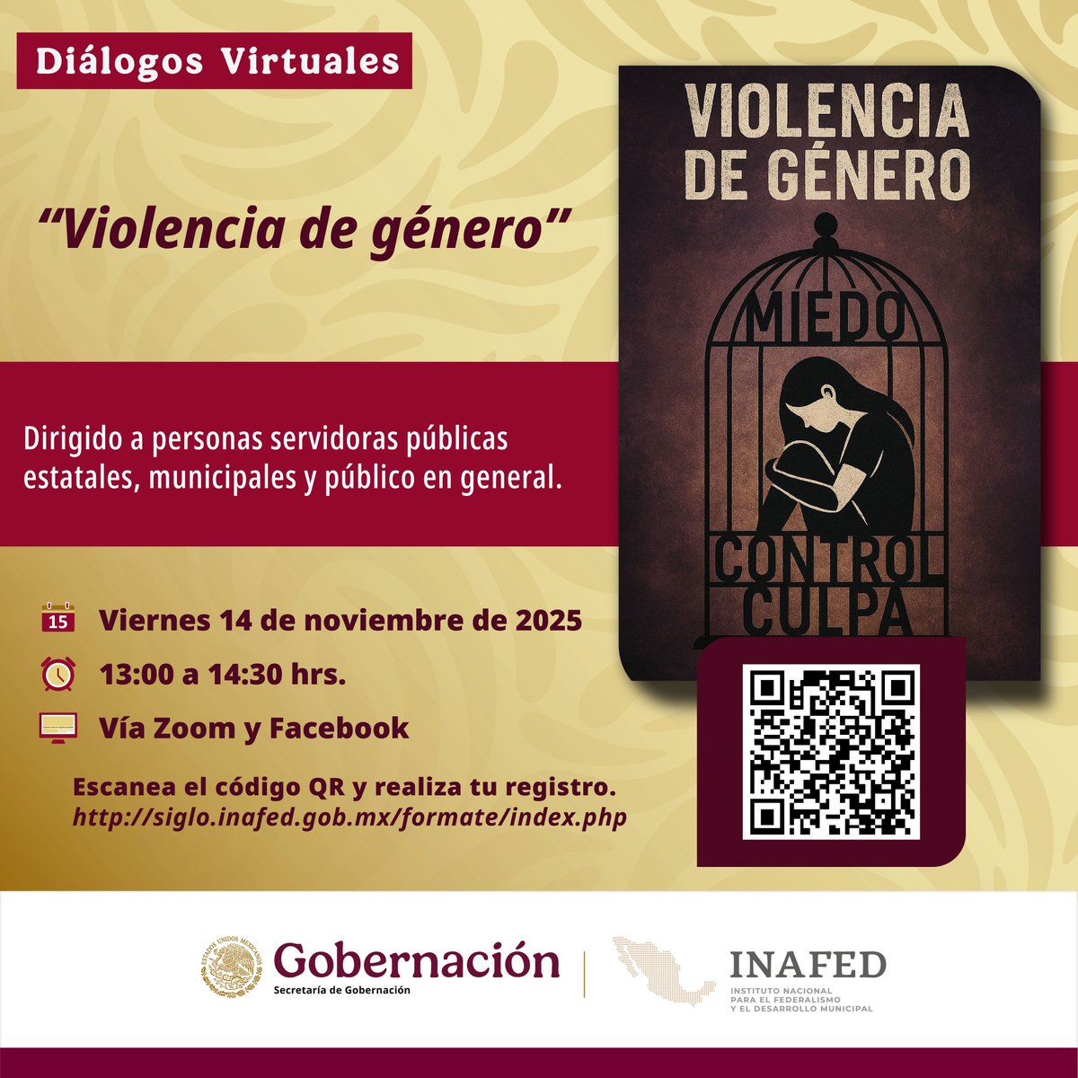 #DiálogosVirtualesINAFED | Te invitamos a participar en el diálogo virtual denominado “Violencia de género", que realizaremos este viernes 14 de noviembre, a las 13:00 horas, a través de Zoom y Facebook.