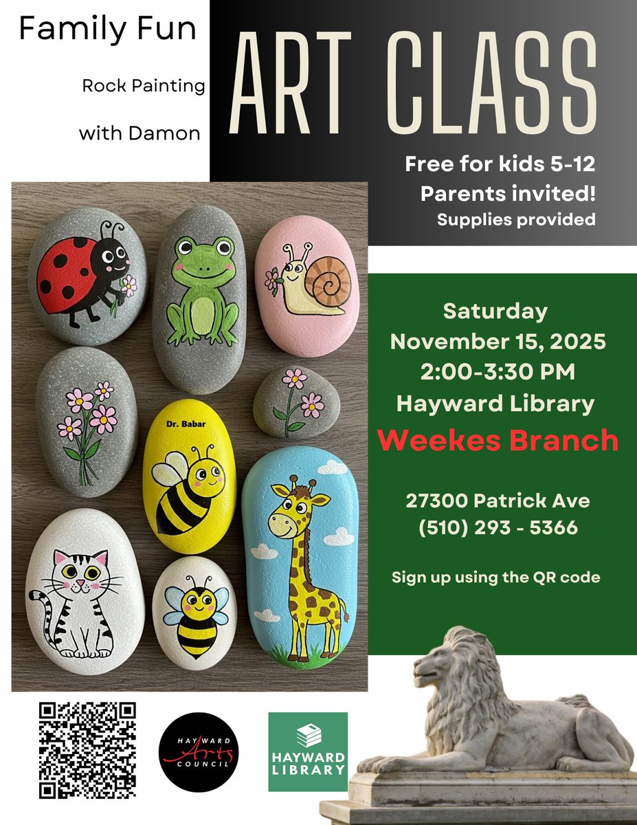 HaywardLibrary's tweet image. Get creative with rock painting at the Weekes Library (27300 Patrick Ave) this Saturday, November 15 from 2-3:30pm. Families will get to decorate smooth stones with bright colors, patterns, and inspiring messages. 

All materials are provided: hayward.librarycalendar.com/event/rock-pai…
