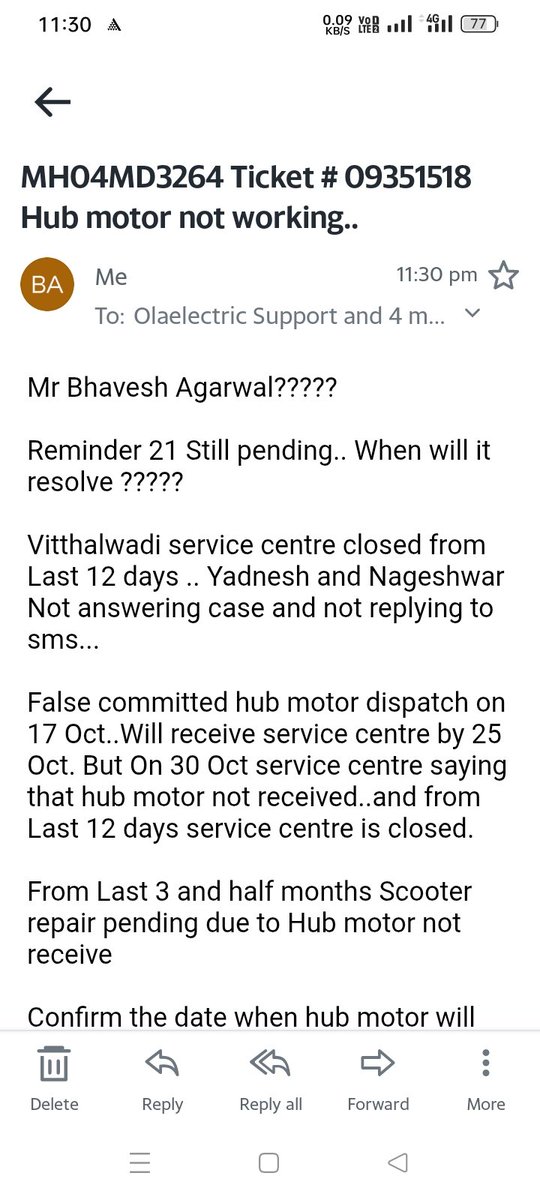 bbbardalkar's tweet photo. @bhash @OlaElectric 

Anybody working in Ola Or Not... MH04MD3264 Scooter given in service centre on 3 August for repair still not repair? https://t.co/IiwlXYseS7