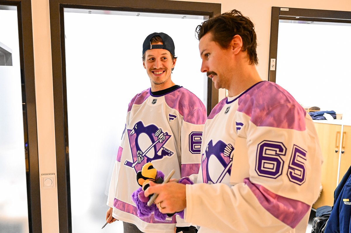 penguins's tweet photo. Some moments go beyond the game.

Erik Karlsson, Rickard Rakell, and Iceburgh visited the childhood cancer center at Karolinska Hospital in Stockholm to spend time with some incredible kids 💜 https://t.co/K4ygUCsqf5