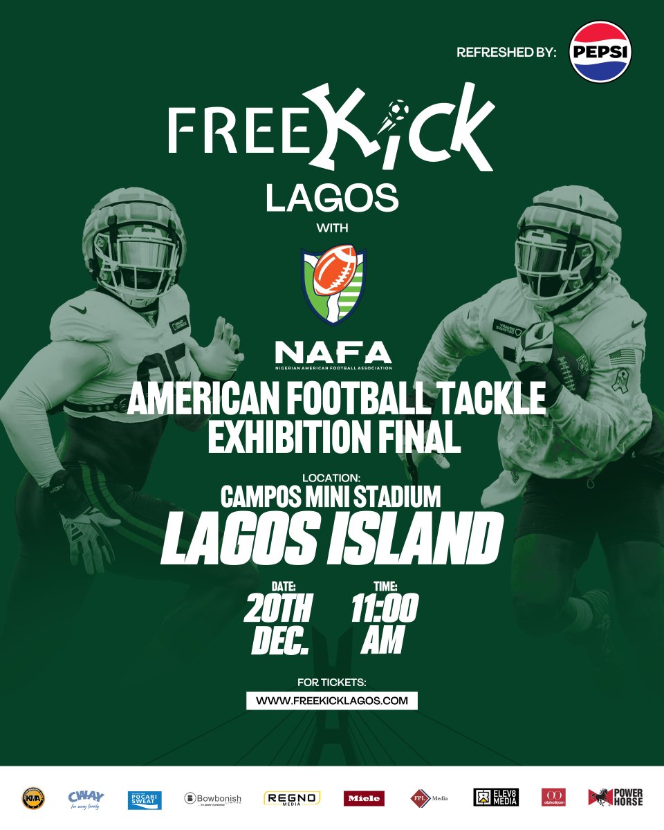 NAFA x FreeKick Lagos present the American Football Tackle Exhibition Final! 
Experience real tackles, touchdowns &amp; teamwork live in Lagos!
-Campos Mini Stadium
-Dec 20, 2025 | ⏰ 11 AM
-Get tickets: freekicklagos.com￼

#NAFA #FreeKickLagos #TackleFootball #Huddleway