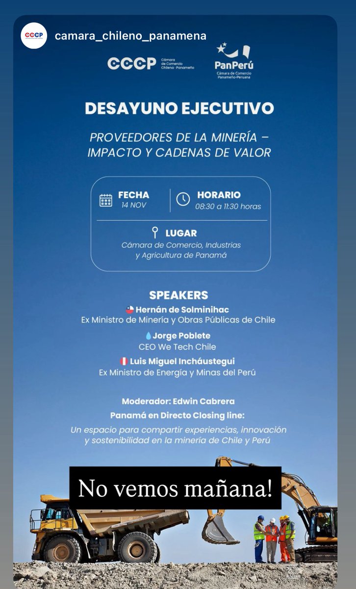 hdesolminihac's tweet photo. Mañana participo en un conversatorio sobre la minería en Panamá, organizado por la  Cámara de Comercio Chilena Panameña @CamaraPanaChile y la Cámara de Comercio Panameño Peruana  @capanperu https://t.co/3JrIvSsMlh