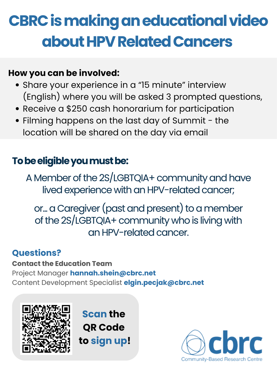 🌈  Are you a 2S/LGBTQIA+ person living with HPV-related cancer?
🌈  Are you caring for a 2S/LGBTQIA+ person with HPV-related cancer?
📽️ You are invited to participate in a short recorded interview (approx. 15 minutes) at Summit 2025!
 
🔗 Full details: docs.google.com/document/d/1C4…