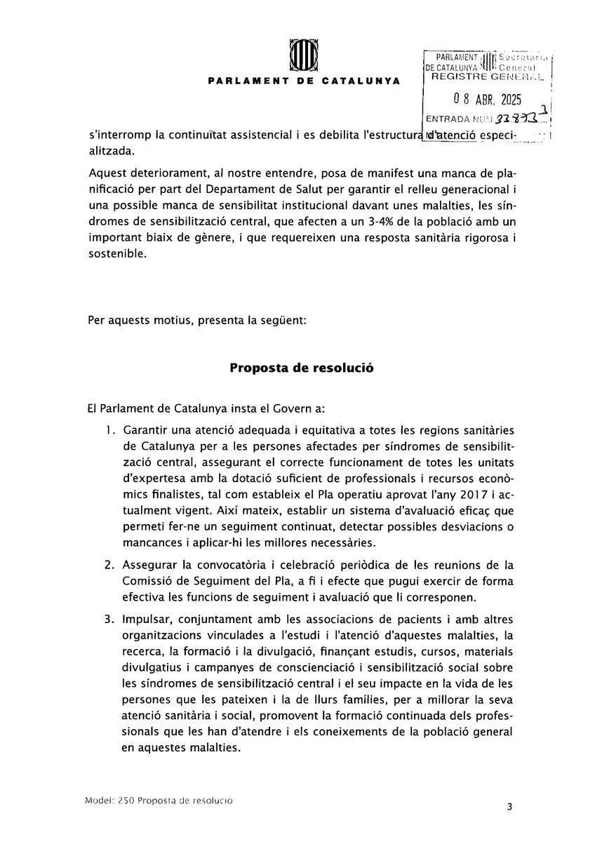 Agraïts amb la Comissió de Salut del <a href="/parlamentcat/">Parlament de Catalunya</a>,  que avui ha aprovat per unanimitat una Proposta de Resolució instant a <a href="/salutcat/">Salut</a> per tal que es millori i garanteixi una atenció adequada i equitativa de la #fibromiàlgia, la #SFCem, la #SQM i la #EHS; vetllant per una correcta