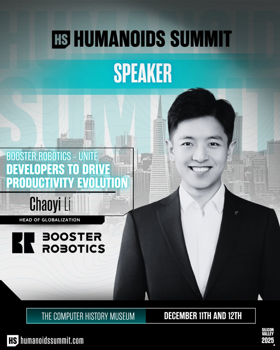 HumanoidsSummit's tweet image. Chaoyi Li from @boosterobotics is on a mission to unite developers and supercharge the evolution of humanoid productivity. When devs align, robots accelerate.

👉 Reserve your spot today: humanoidssummit.com

#HumanoidsSummit #AI #EmbodiedAI #PhysicalAI