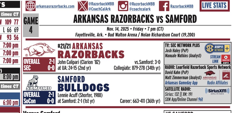Thrilled and honored to be in Fayetteville for the next 10 days to call <a href="/RazorbackMBB/">Arkansas Razorbacks Men’s Basketball 🐗</a> on the 📻!

Tune in to <a href="/CoachZ_ARKANSAS/">Matt Zimmerman</a> and I tomorrow for Arkansas and Samford beginning at 6:30 CT on the Razorback Sports Network from Learfield