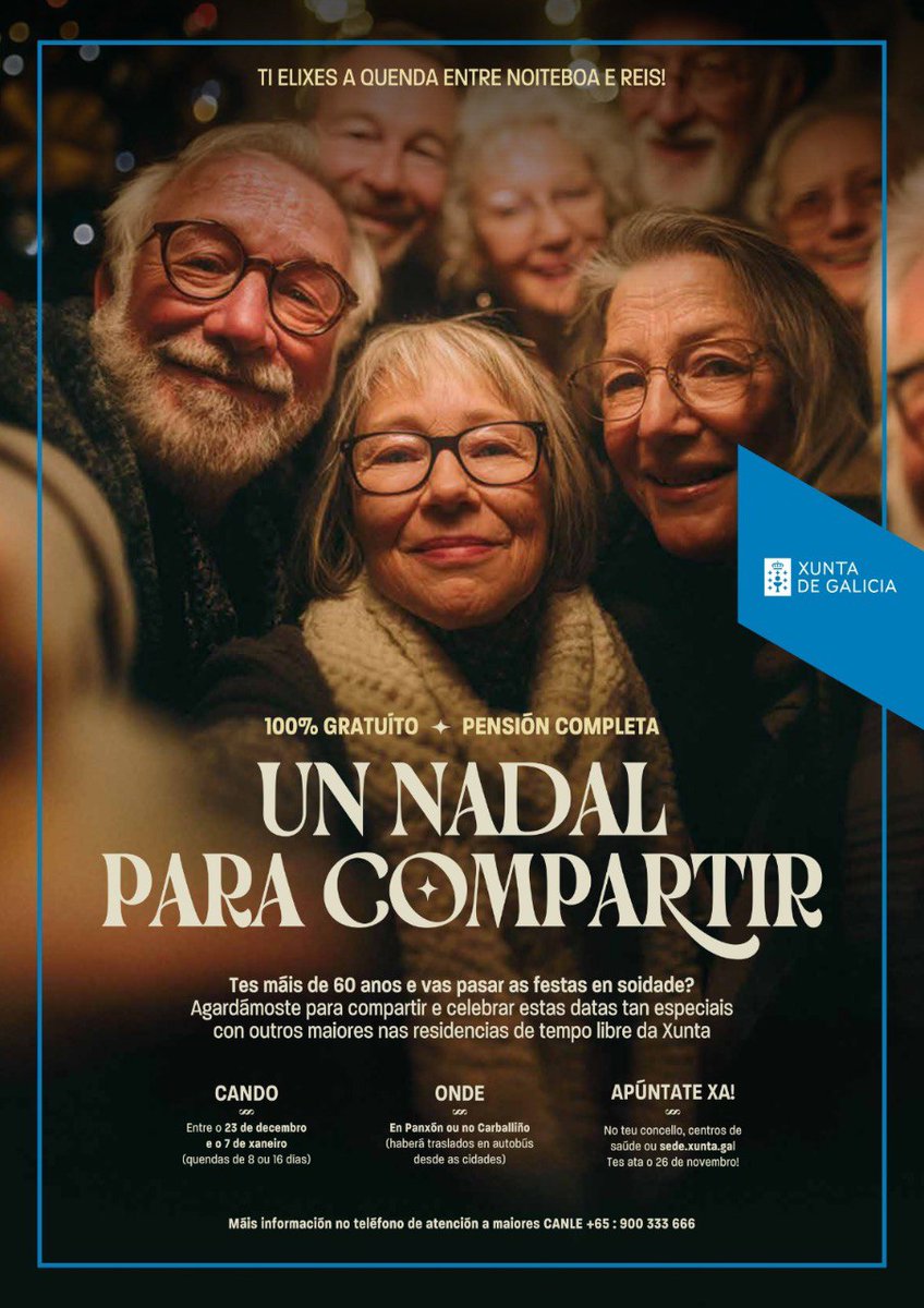 🎄 A Xunta de Galicia lanza o programa 'Xuntos polo Nadal'.

👉 Dirixido ás persoas maiores que se atopen soas nestas datas.