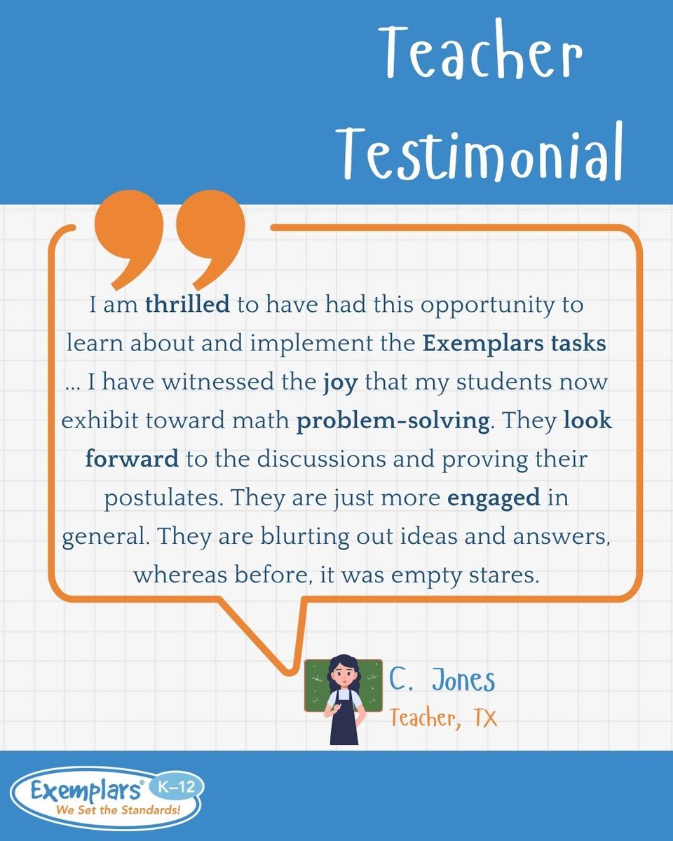 ExemplarsK12's tweet image. We love hearing stories like this! This teacher shares the &quot;joy&quot; her students now have with math problem-solving thanks to Exemplars.🧡

#StudentEngagement #TeacherTestimonial #ProblemSolving